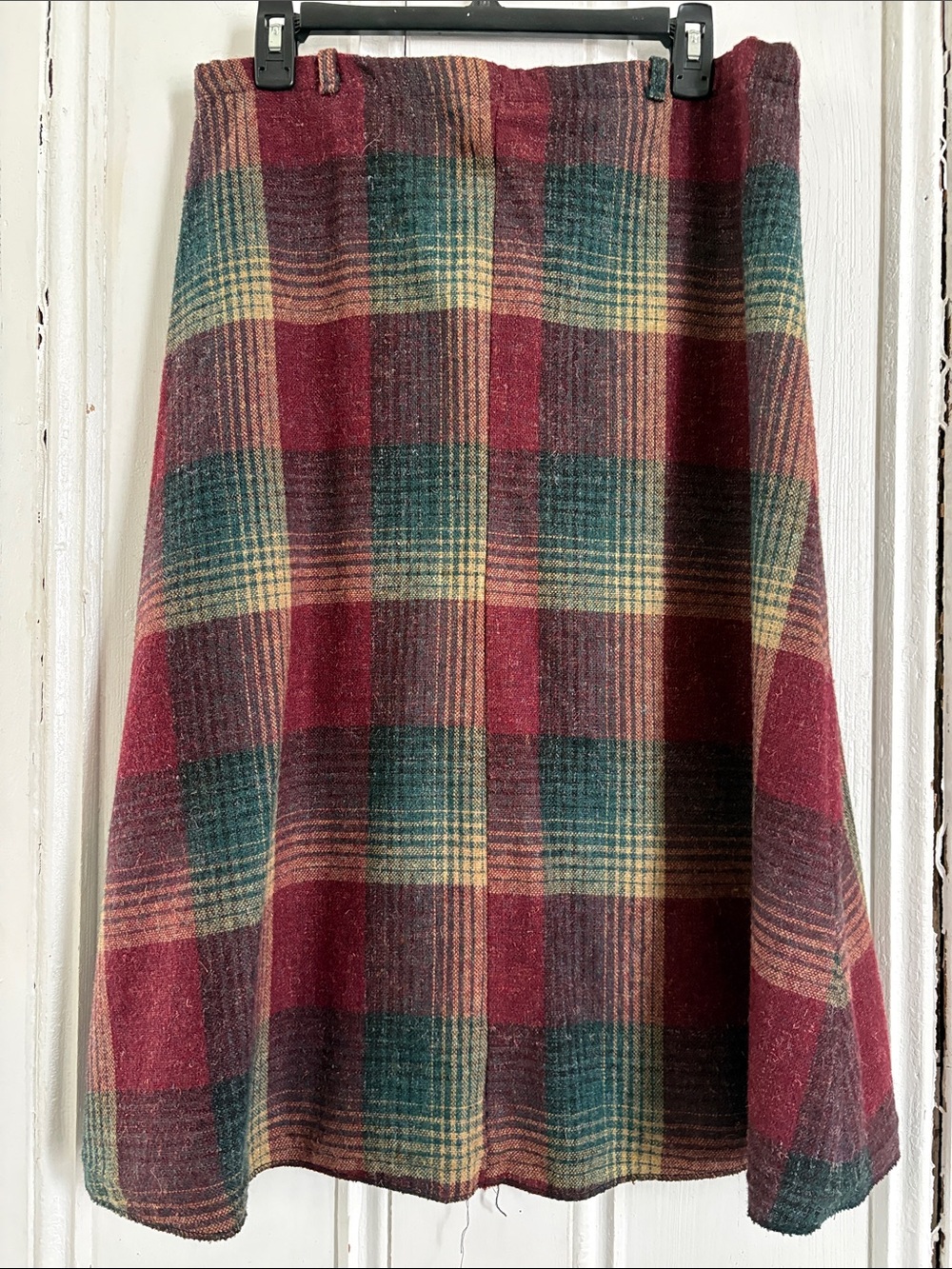 Vintage Plaid Wool A-Line Skirt in Burgundy and Green